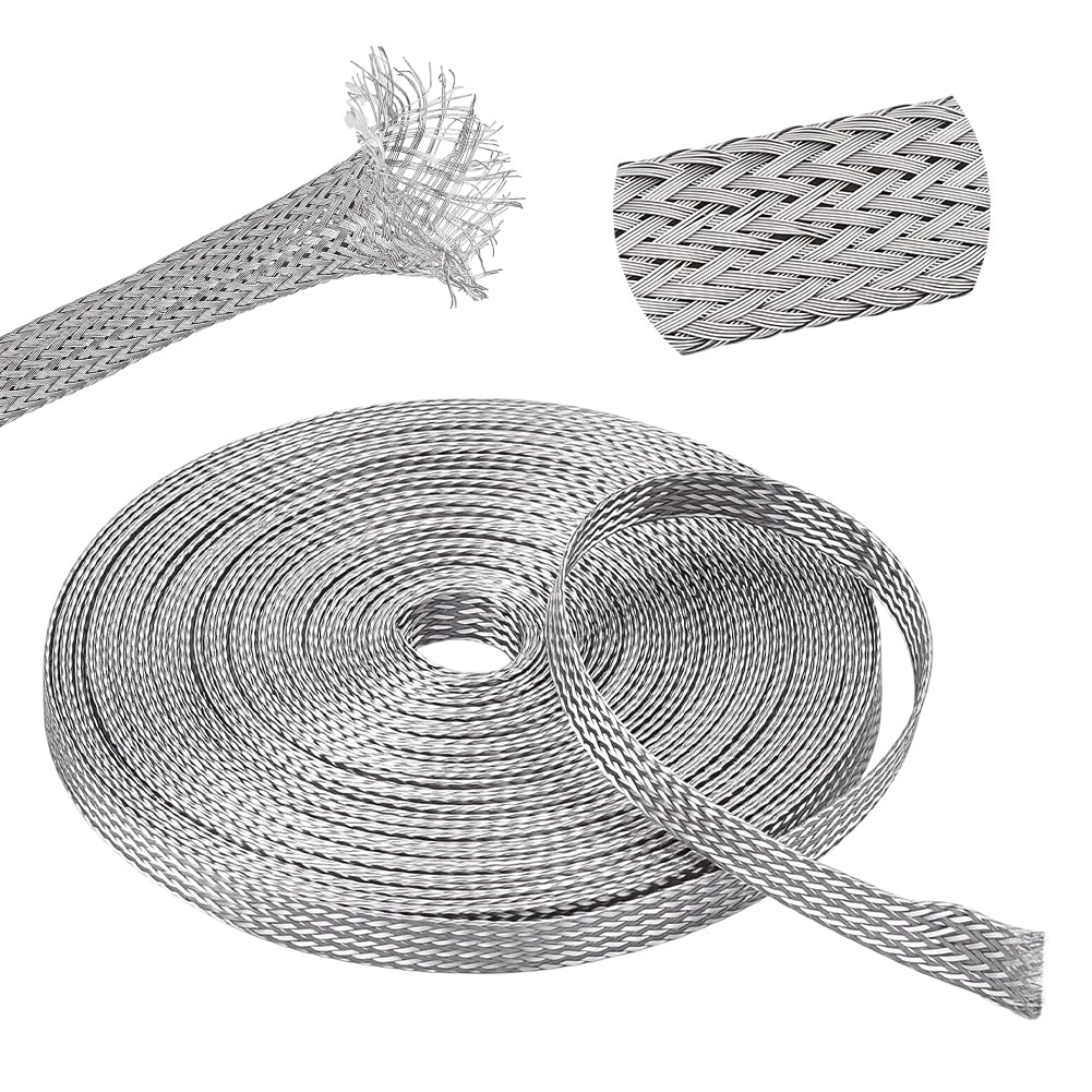 NBEADS 10 m Gaine Tressée en Acier Inoxydable, Gaine de Blindage pour Câble Tresse de Masse Ruban Réseau Extensible de 7-8mm de Large pour la Protection des Câbles