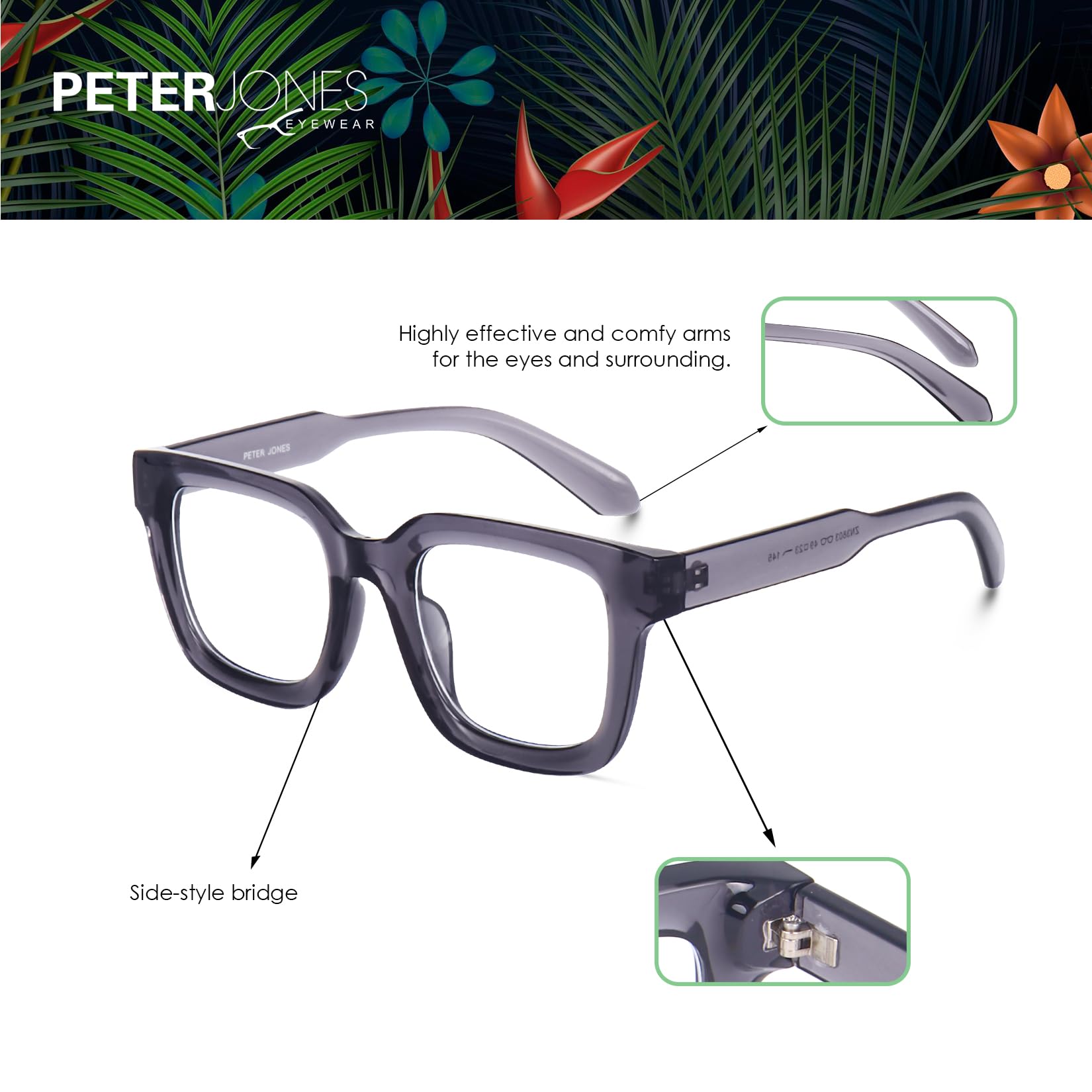 Peter Jones Grey Square Unisex Large Blue Light Blocking Computer/Gaming Glasses (AG3803FGT) - Image 6 thumbnail