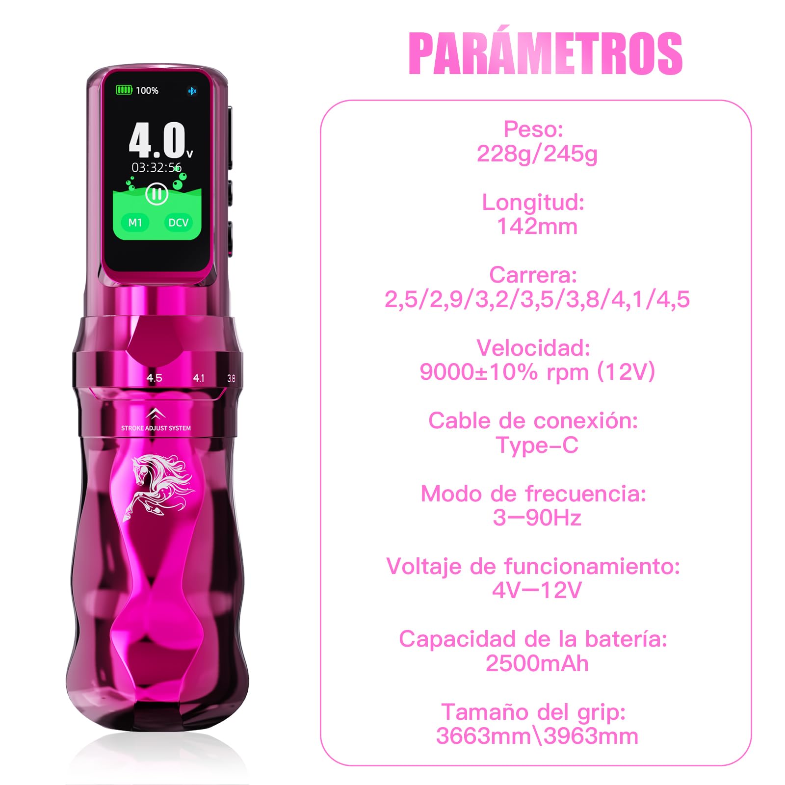 Dragonhawk Fold Pro Máquina de Tatuar Inalámbrico, Edición Year of The Horse, 2,5–4,5 mm, 2 Baterías, Rosa