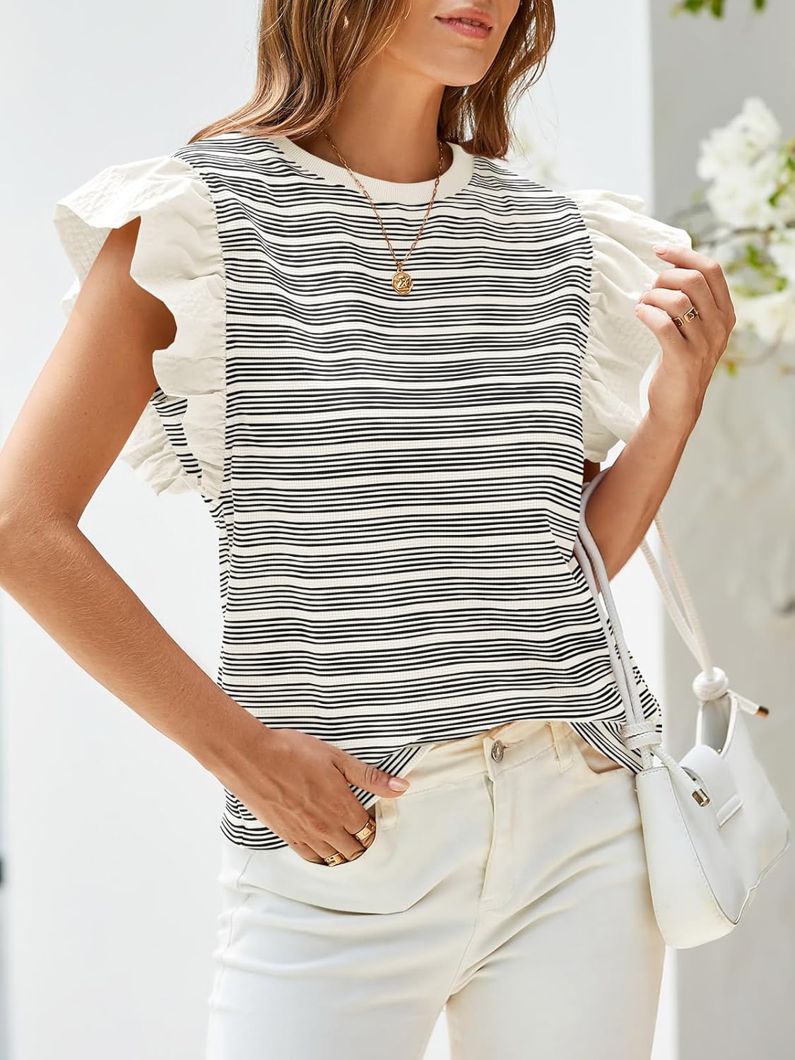 Tankaneo Womens Ruffle Striped Tank Tops Summer Crew Neck Sleeveless Shirts Loose Fit Dressy Casual Blouse - Image 4