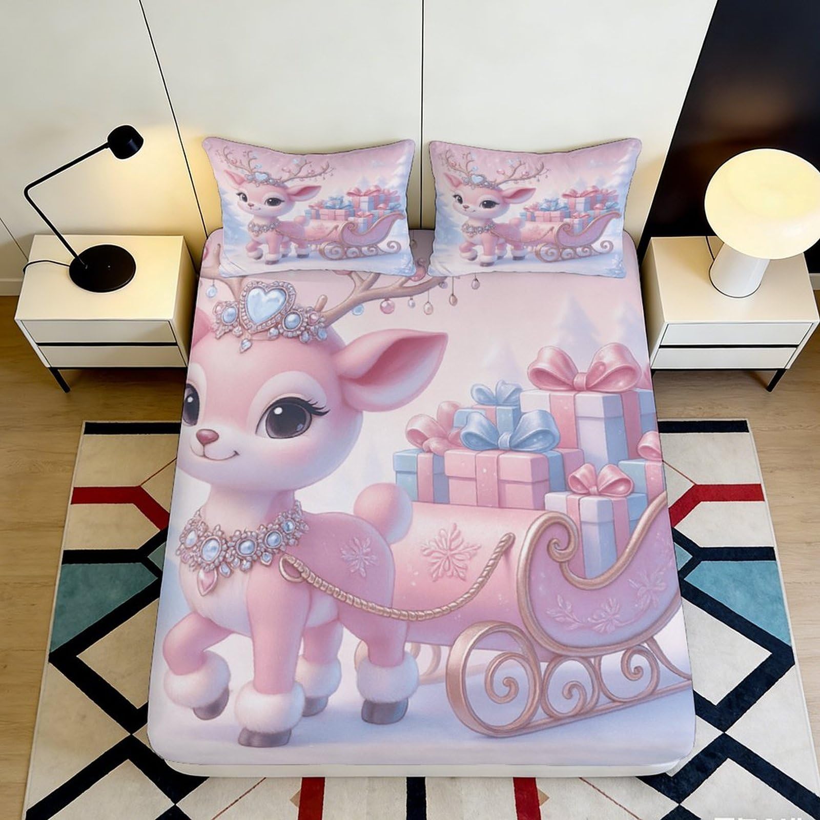 3D Printed Deer Gift Fitted Sheet Microfiber Deep Pocket Non-Slip Deer Gift Mattress Fitted Cover Bedroom for Adult Teen 140x200x25cm