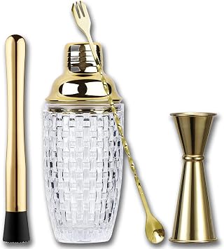 Gold Cocktail Shaker Set - Premium Glass Bartender Kit with Measuring Jigger, Mixing Spoon, and Muddler