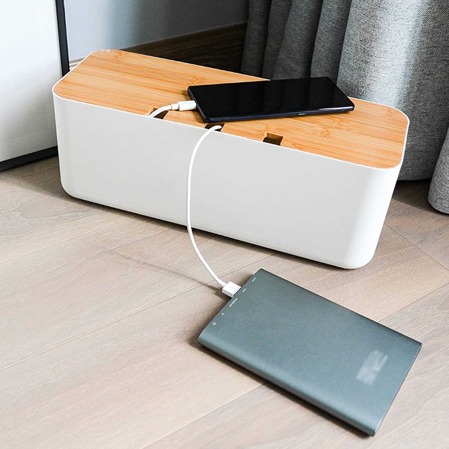 Cable Management Box Desktop Cord Hider Box to Hide Surge Protector Cover on Desk Gold Floor Power Strips Gold Surge Protectors with Bamboo Cover Cable Cords Organizer Boxes
