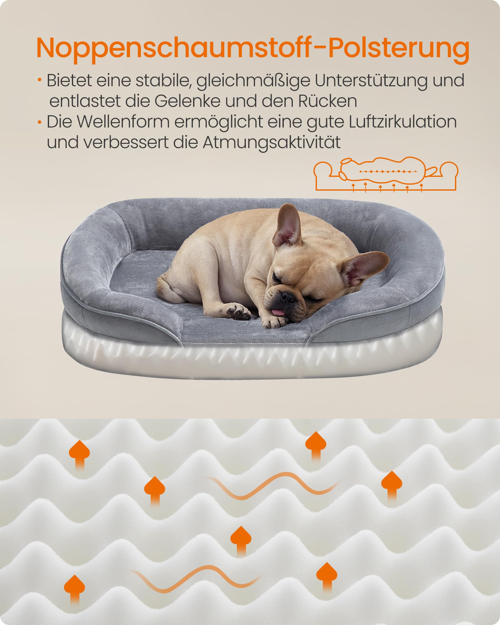 Feandrea Hundebett, Hundekissen, für mittelgroße Hunde, 76 x 51 x 18 cm, orthopädisch, wasserdichte Innenschicht, erhöhte Ränder, Abnehmbarer, waschbarer Bezug, rutschfest, hellgrau PGW281G01