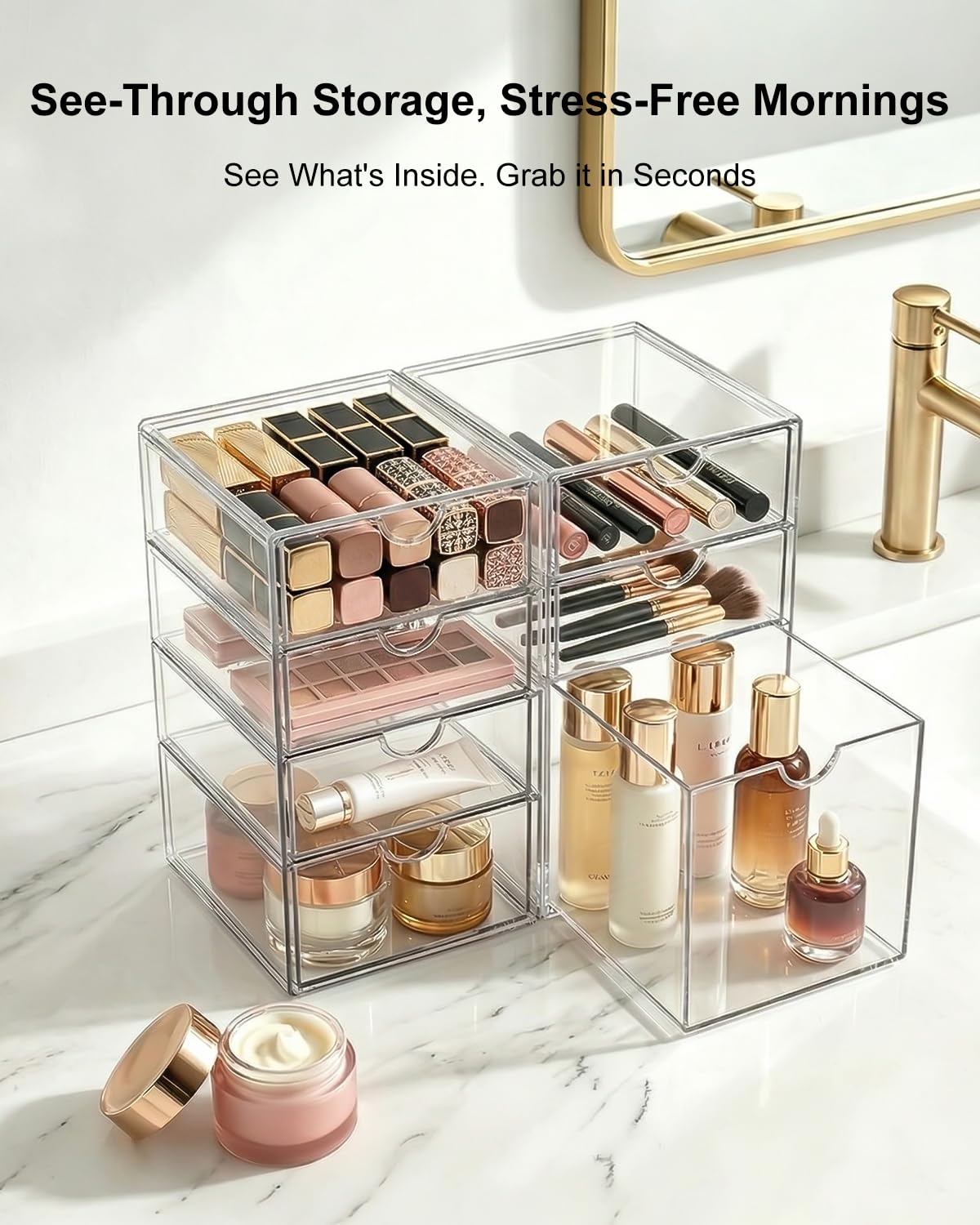 GoMaihe Acryl Schreibtisch Organizer mit 7-Schubladen: 2 Stücke Schubladenbox | Durchsichtig Schminktisch Organizer | Make up Organizer | Büro Organizer für Bürobedarf Kosmetik Schmuck