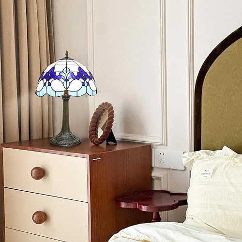 Miniatura 9 de Tiffany Lámpara de vitral de 12 pulgadas, lámpara de mesa estilo cancha Iris patrón de flores arte retro lámpara de noche para dormitorio, sala de
