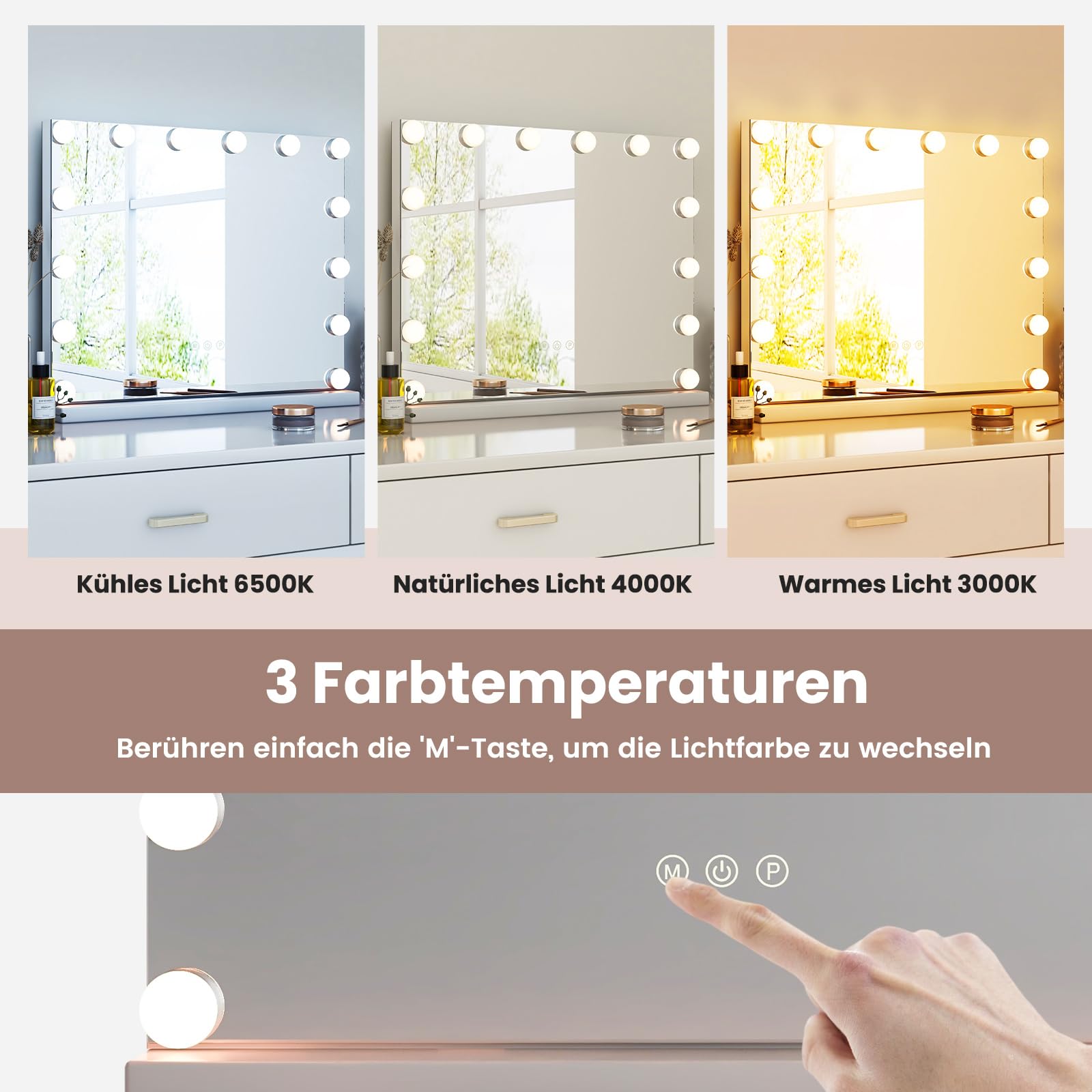 COSTWAY Hollywood Spiegel mit Beleuchtung, Tischspiegel mit 14 dimmbaren LED-Leuchten und 3 Lichtfarben, Schminkspiegel, Kosmetikspiegel mit Smart-Touch-Steuerung, 50 x 12 x 43 cm