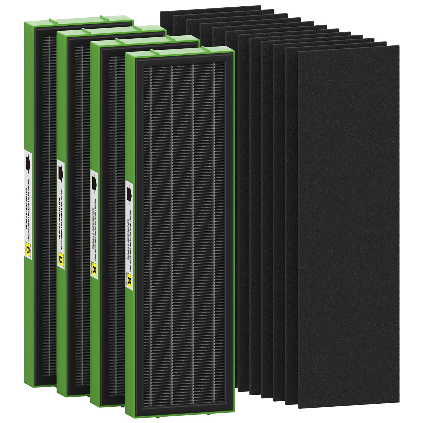 FLT4825VO Toxin Clear HEPA Replacement Compatible with AC4825 AC4300 AC4800 AC4900 AC4850, 4 True HEPA Filters & 12 Activated Carbon Pre-Filters, FLT4825VO, Black/Green