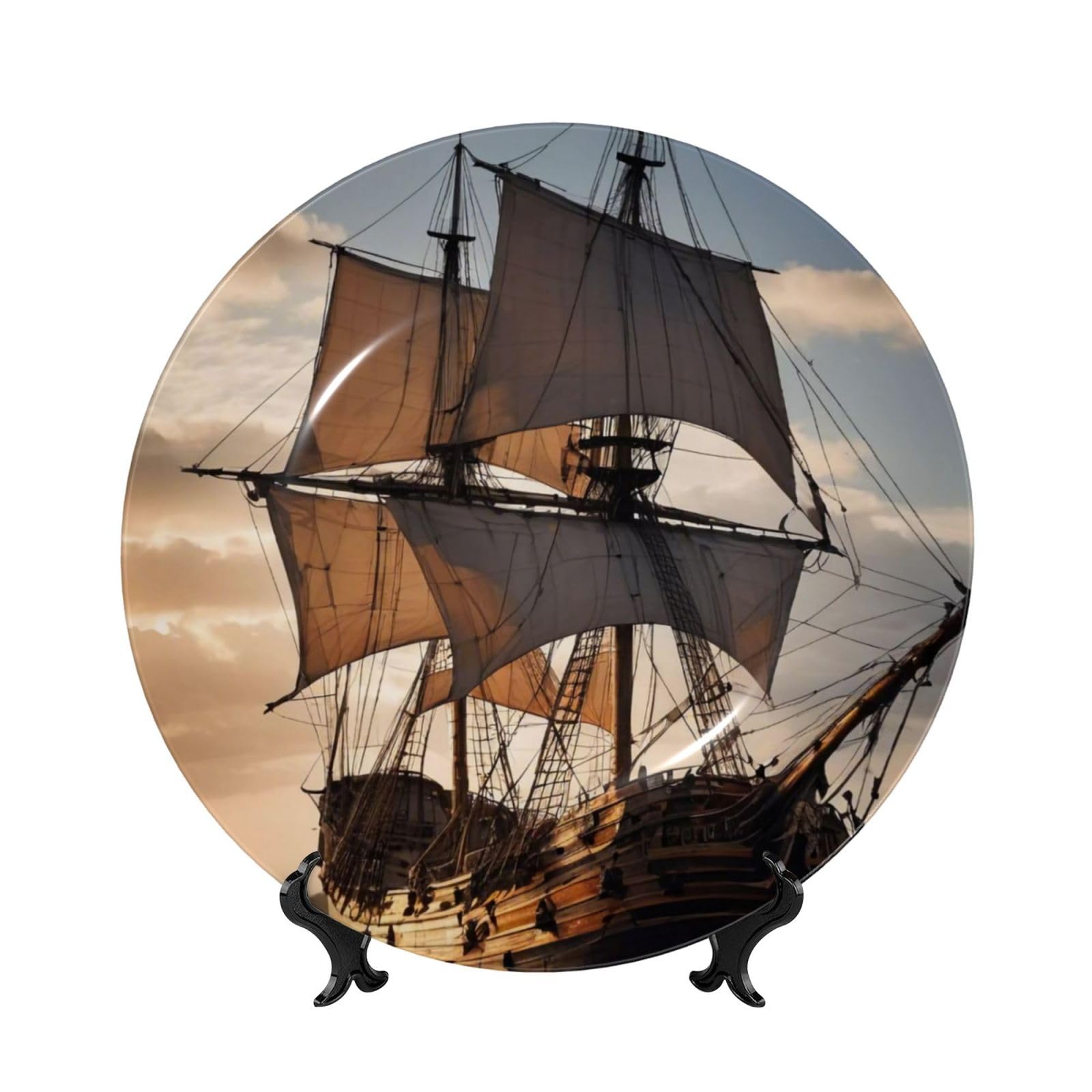 Gjgdbxdw Ceramic Decorative Plate with Old Sailing Ship Print,Bone China (Porcelain) Plates Decorations with Vertical Stand for Home Office Shelf Wall Decor 6in