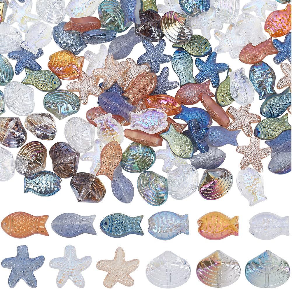 SUNNYCLUE 1 Box 120Pcs Sea Glass Beads Glass Fish Beads Starfish Shell Beads Ocean Summer Hawaii Sea Animal Beads Electroplate Glass Bead Seashell Beads for Jewellery Making Women Adults DIY Supplies