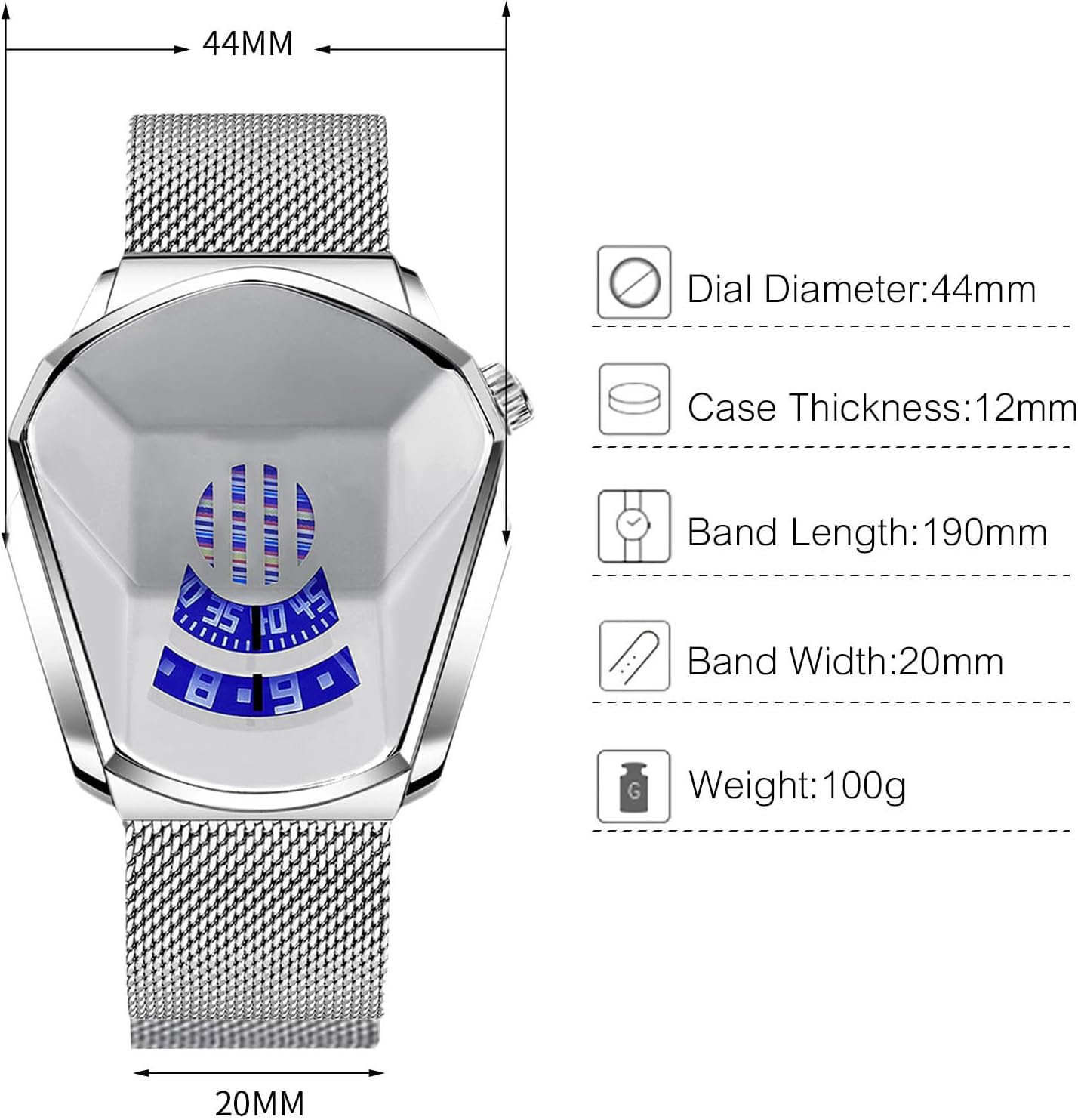 Diagram showing dimensions of RORIOS watch: Dial Diameter 44mm, Case Thickness 12mm, Band Length 190mm, Band Width 20mm, Weight 100g