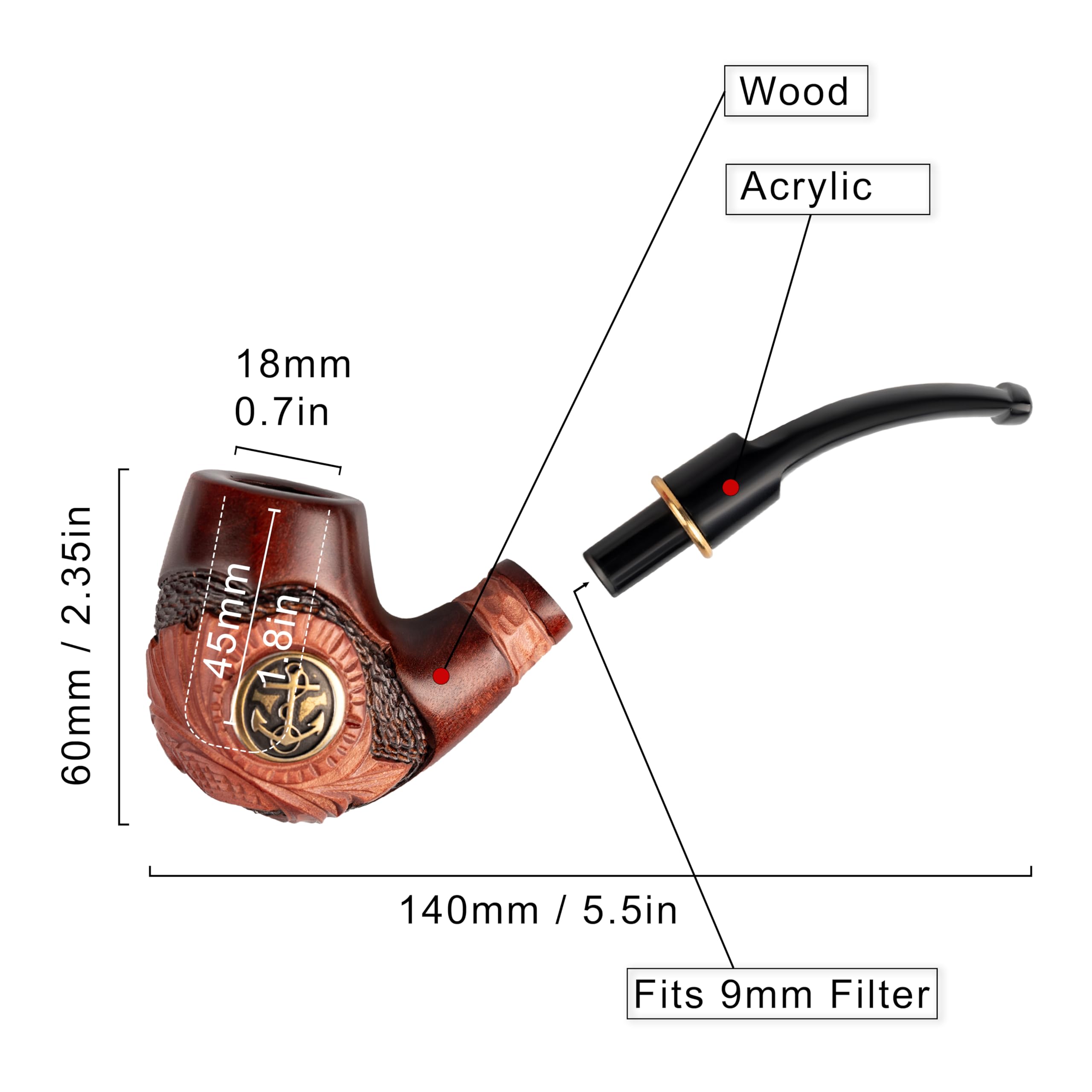 Dr. Watson - Drewniana Fajka Tytoniowa, Seria Kolekcjonerska, Ręcznie Rzeźbiona, Pasuje do filtra 9mm (Kotwica, Metal)