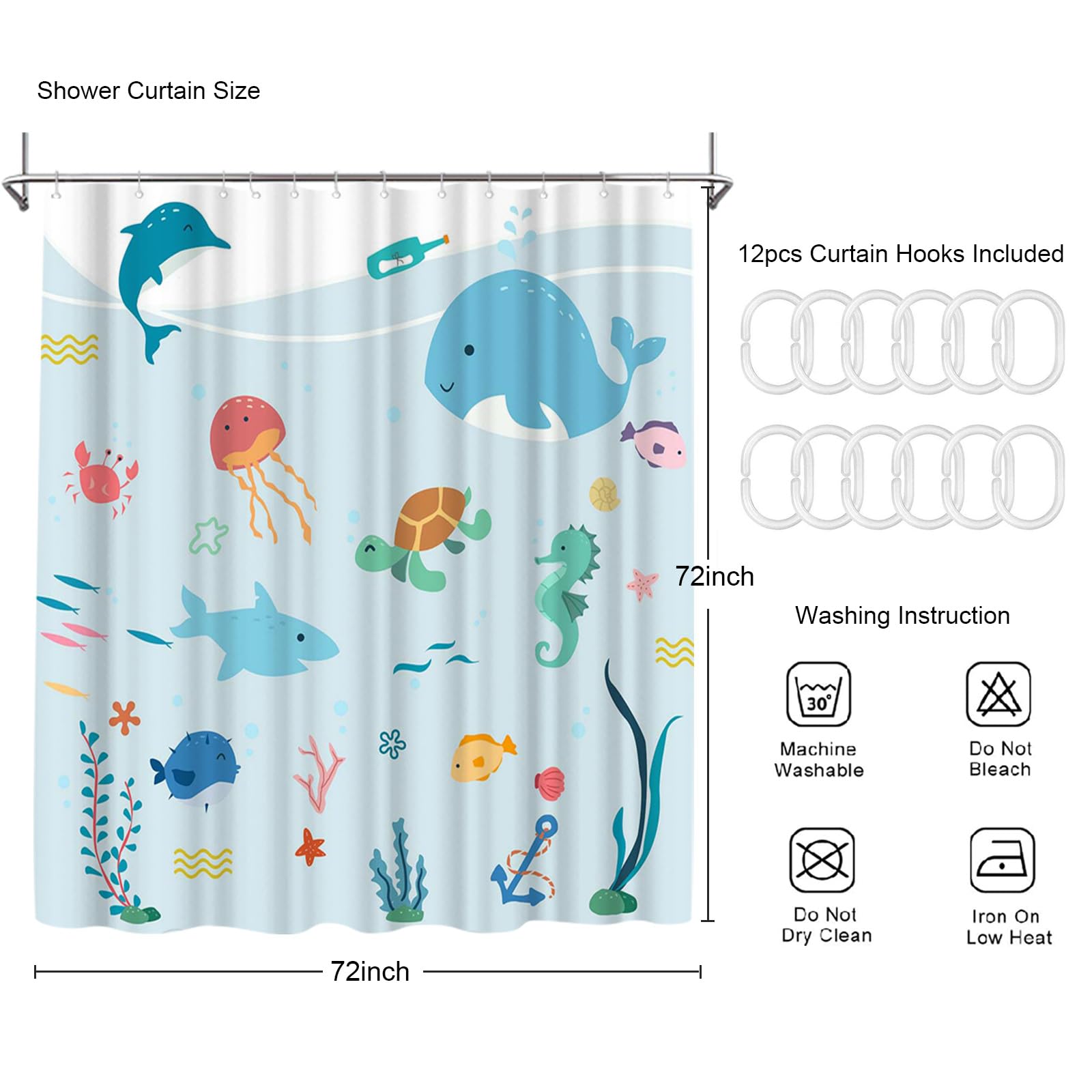 ArtBones Ocean Cartoon Kids Shower Curtain Under Water Animal Fish ...