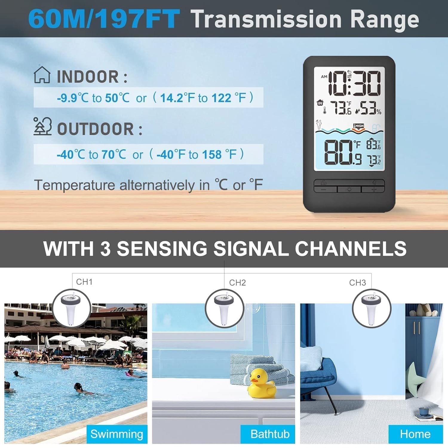 HEYAXA Wireless WiFi Pool Thermometer showing indoor and outdoor temperature and app interface