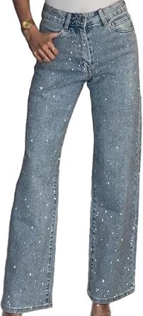 Womens High Waisted Rhinestone Jeans Straight Wide Leg Denim Pants Sparkly Glitter Bling Baggy Trousers