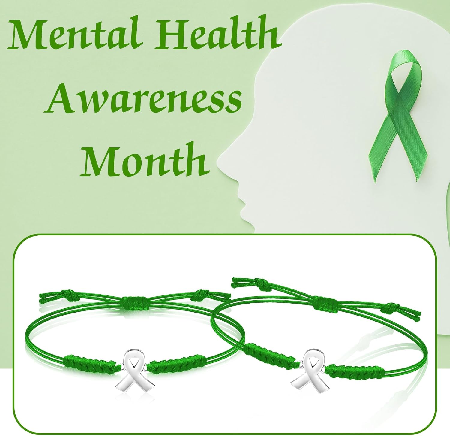 Sasylvia Mental Health Awareness Month Bracelets Gifts Adjustable Green Ribbon Bracelets for Men Women - Image 4