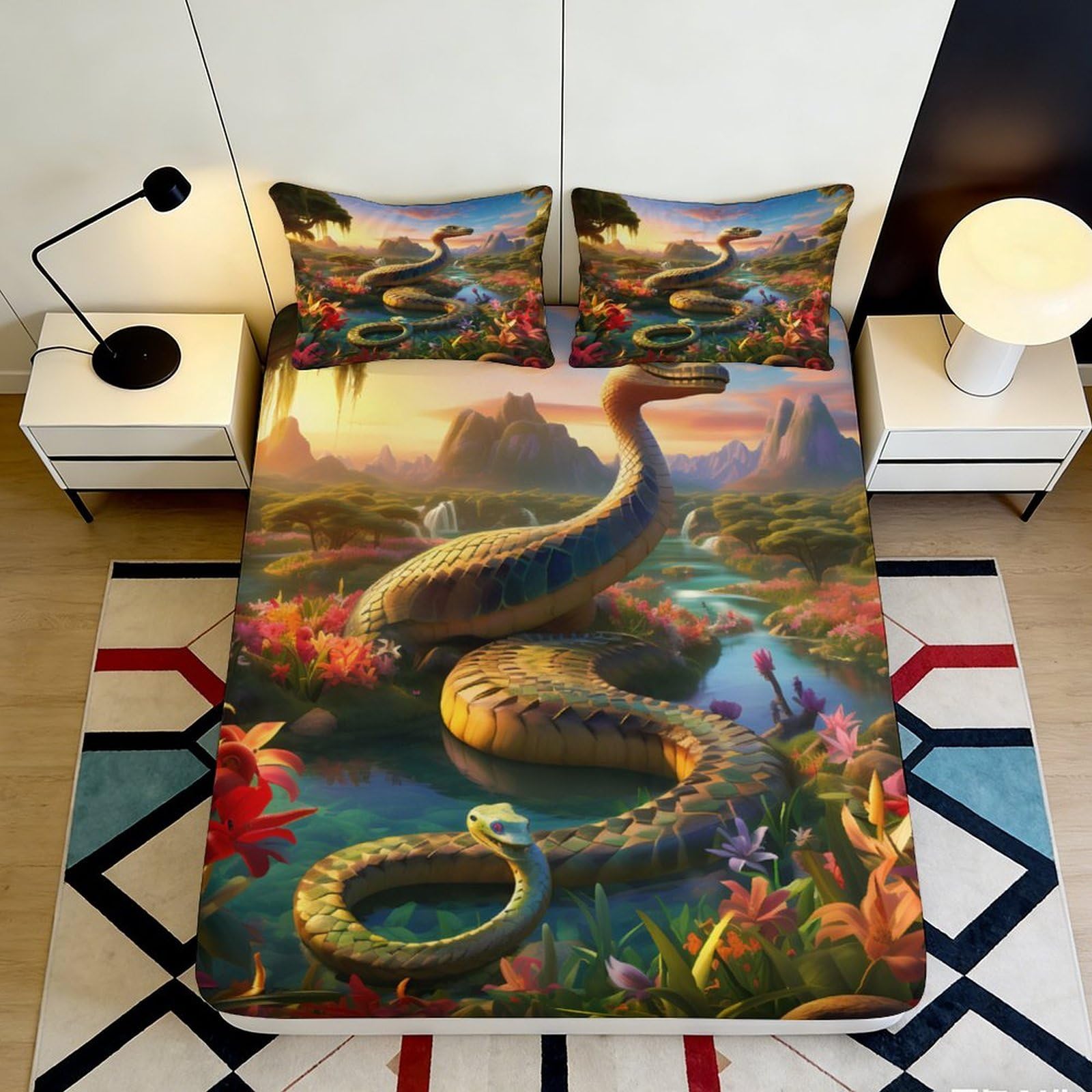 3D Printed Serpent Fitted Sheet Microfiber Soft Breathable Snake Pattern Bed Cover for Bedroom Dormitory Guest Room Mattress Protection Decor 180x200x25cm