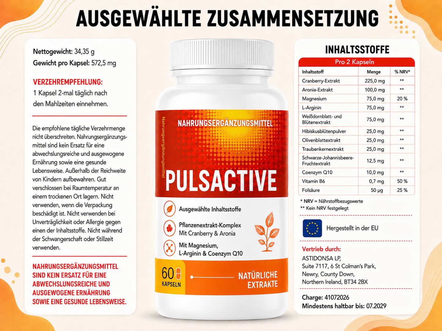 Pulsactive Cápsulas – Complemento Alimenticio para Adultos – 60 Cápsulas – con Arándano Rojo, Aronia, Magnesio,Espino, Hibisco, Olivo, Semilla de Uva, Coenzima Q10, Vitamina B6 y Ácido Fólico