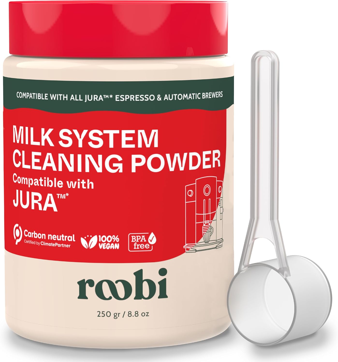 Roobi Compatible Milk System Cleaning Powder for Jura. Specially formulated for Jura Automatic Espresso Coffee Machines. 100% Vegan, Carbon Neutral. Roobi Compatible Milk System Cleaning Powder for Jura. Specially formulated for Jura Automatic Espresso Coffee Machines. 100% Vegan, Carbon Neutral.