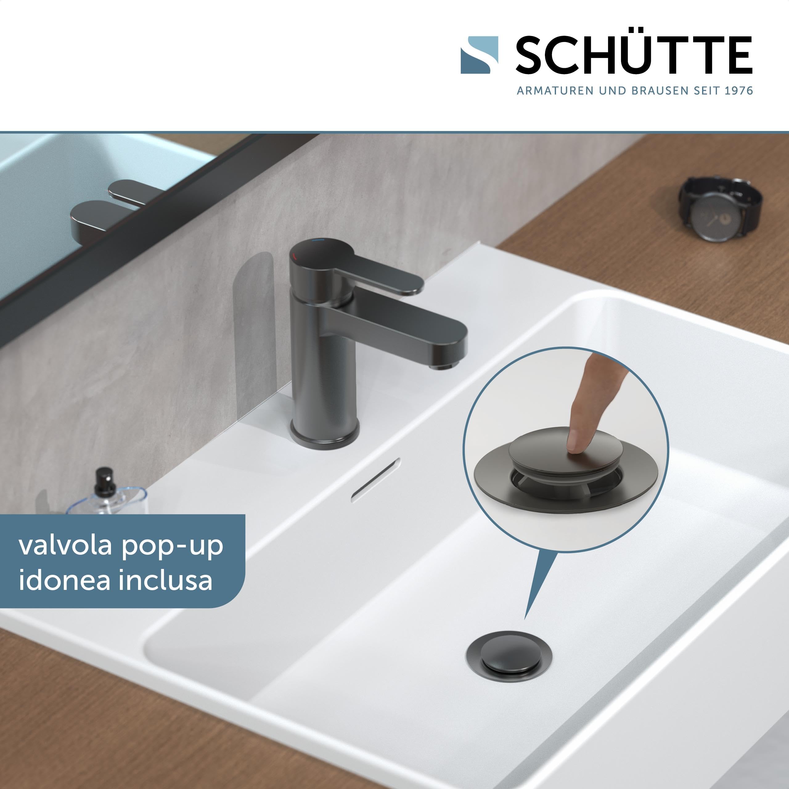 Miscelatore per lavabo Schütte Elephant, elegante miscelatore con rubinetto di scarico per bagno, rubinetto per bagno con scarico a scomparsa, rubinetto per lavabo, grafite opaca, 34212