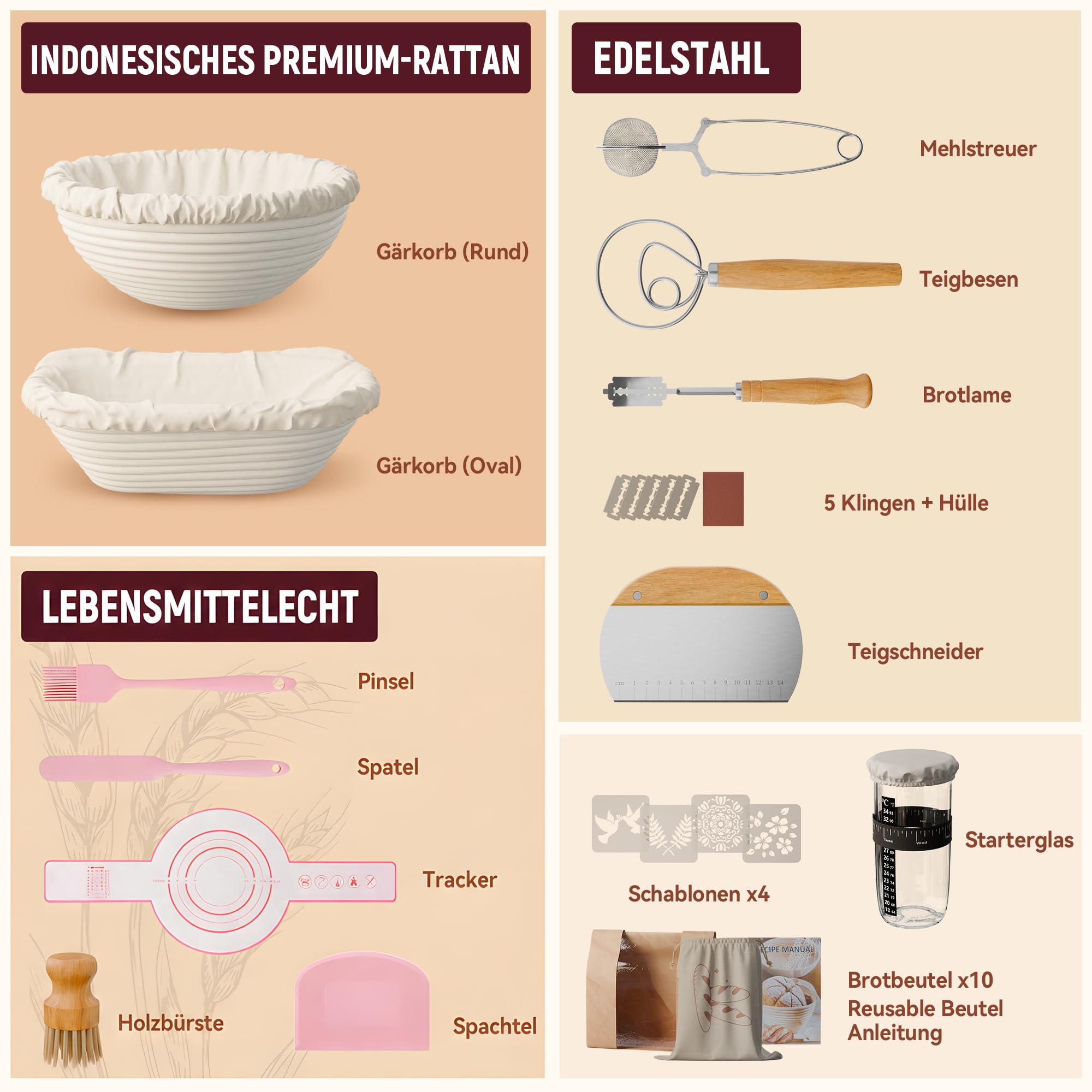 Brot Gärkorb Sauerteig Starter Set,25 cm & 23 cm Proofing Basket Bread Baking with Sourdough Starter Glass, Bread Baking Starter Set Large Gift for Beginners, Bakers (Pink)