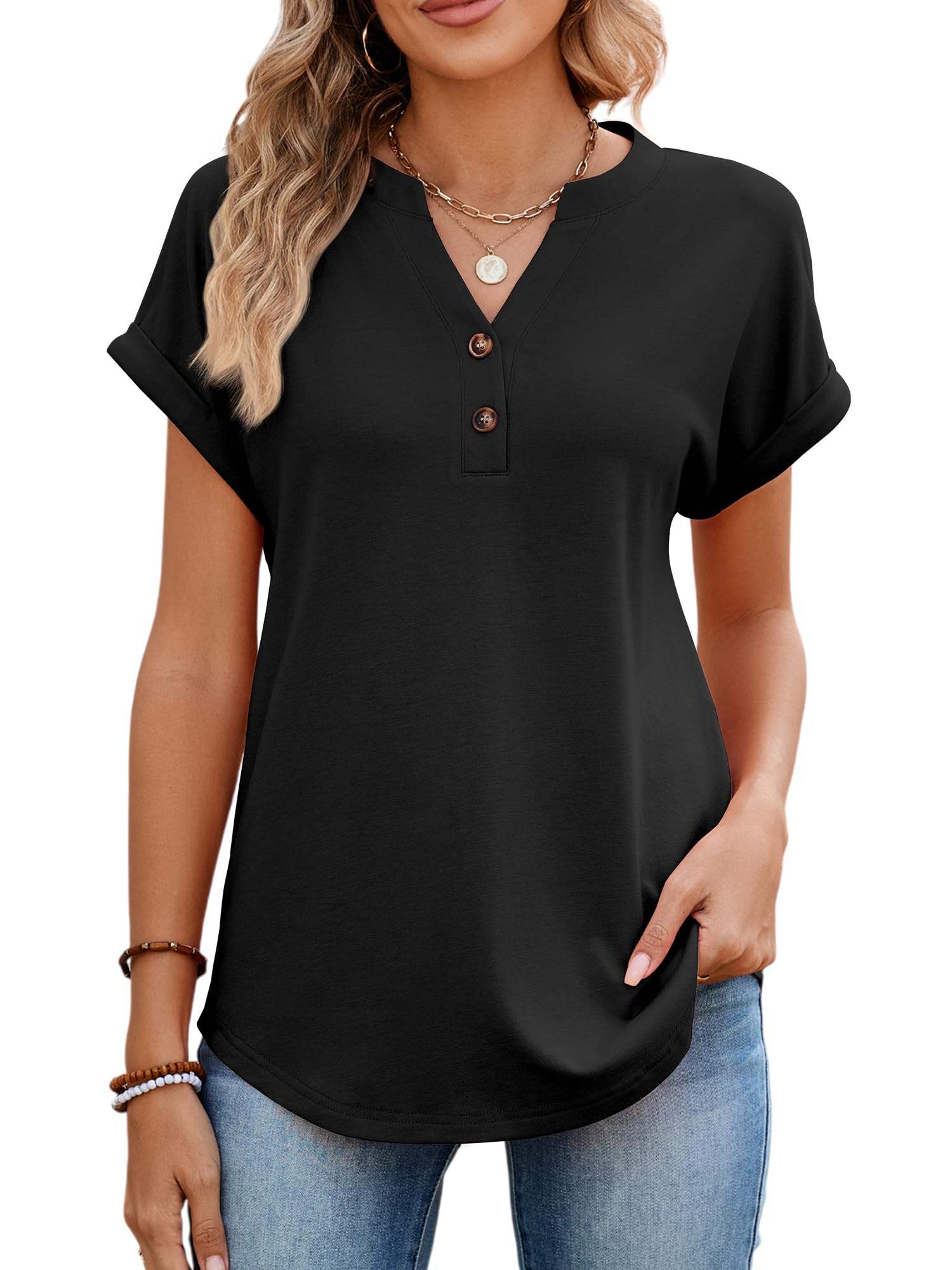 StylSense Tshirt Damen Sommer Baumwolle V Ausschnitt Bluse Kurzarm Tunika T Shirt Damen Elegant Oversize Oberteile Basic Tops mit Knöpfen