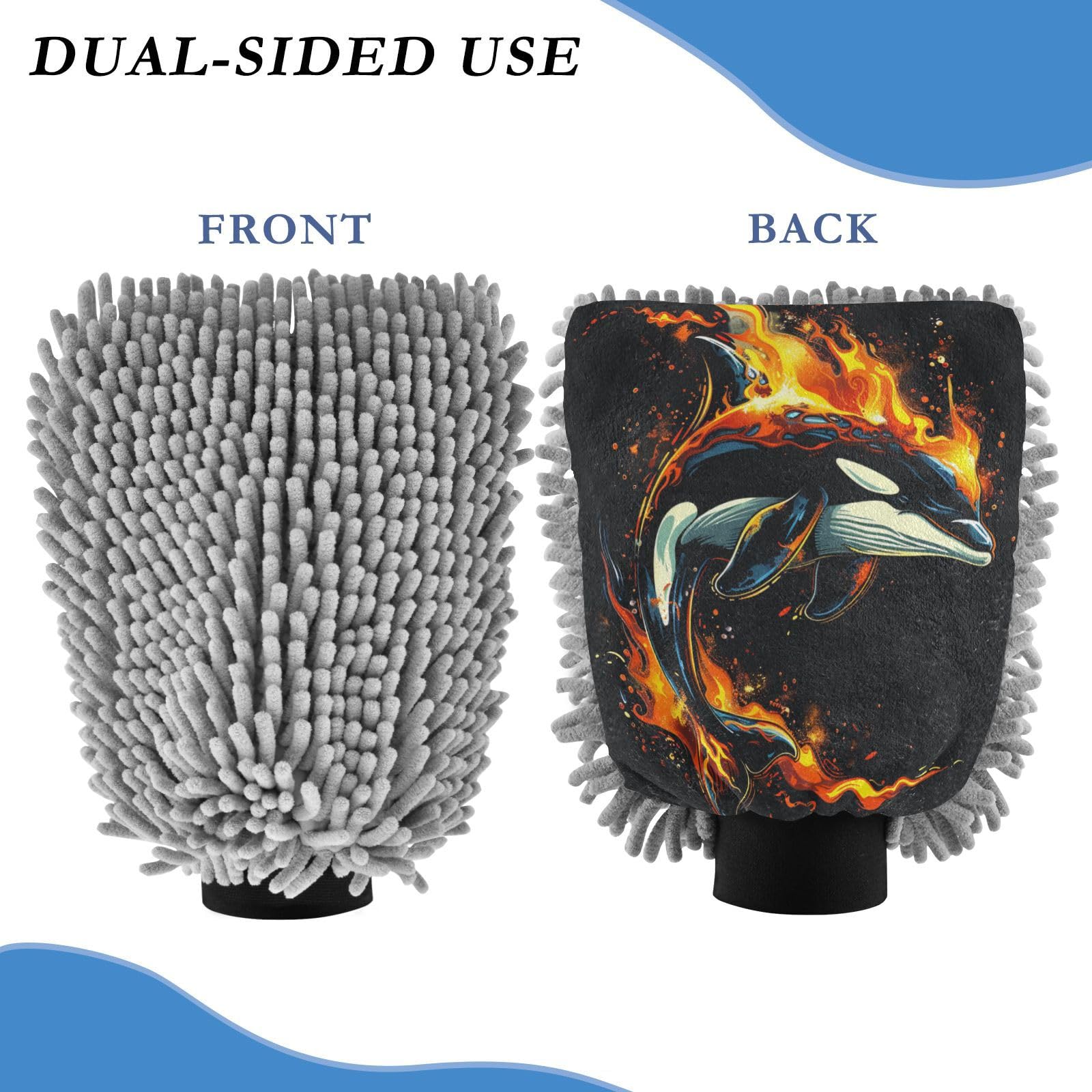 ALAZA Killer Whale Flame Car Wash Mitt Scratch Free, 2 Pack Absorbent Microfiber/Chenille Washing & Drying Mitts, L
