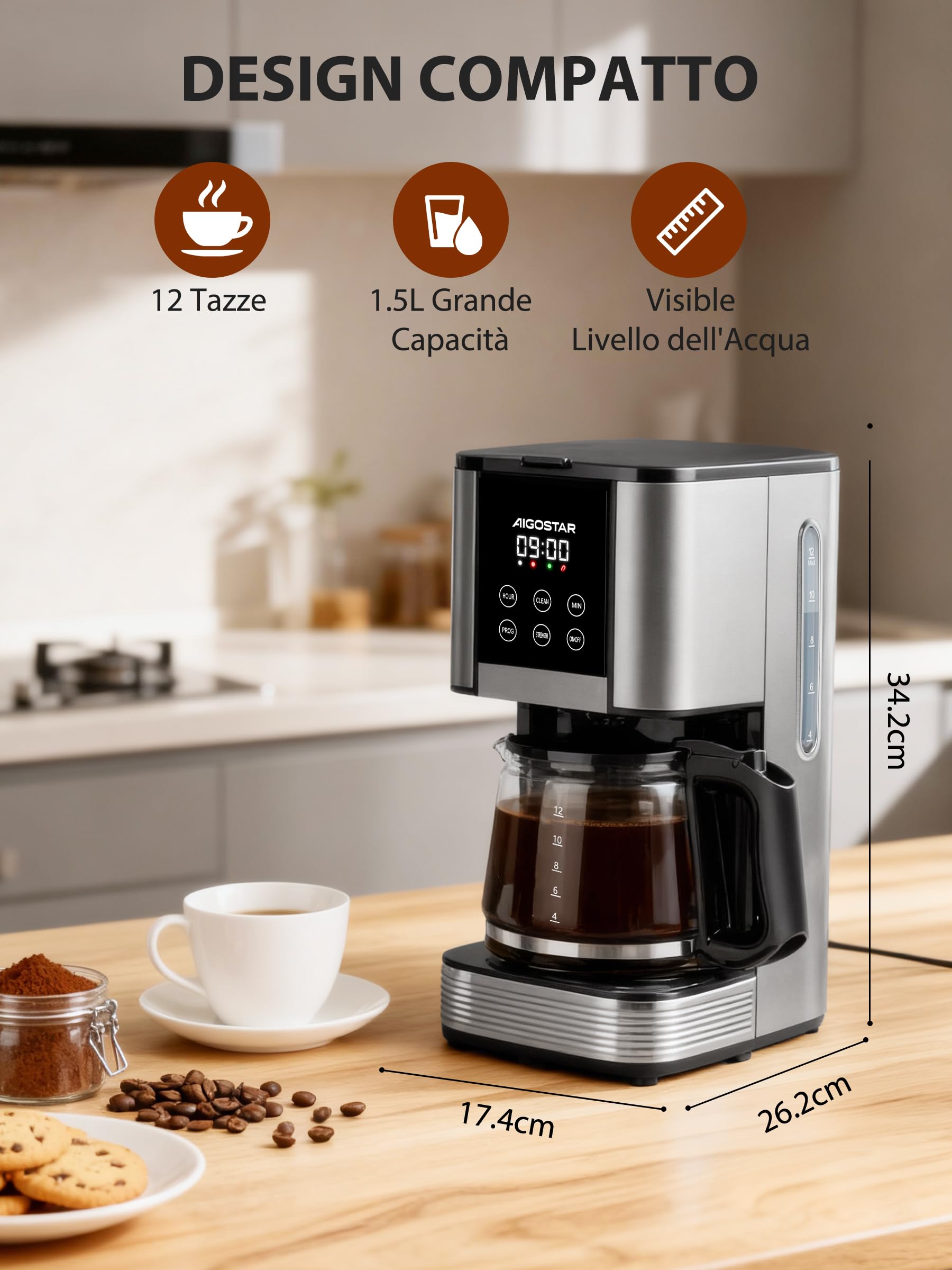 Aigostar - Macchina Caffè Americano, 1000W, Programmabile 24h con Display LCD, Autopulizia, 1.5L (12 Tazze), Regolazione Intensità, Filtro Riutilizzabile, Antigoccia, Piastra Riscaldante, BPA FREE