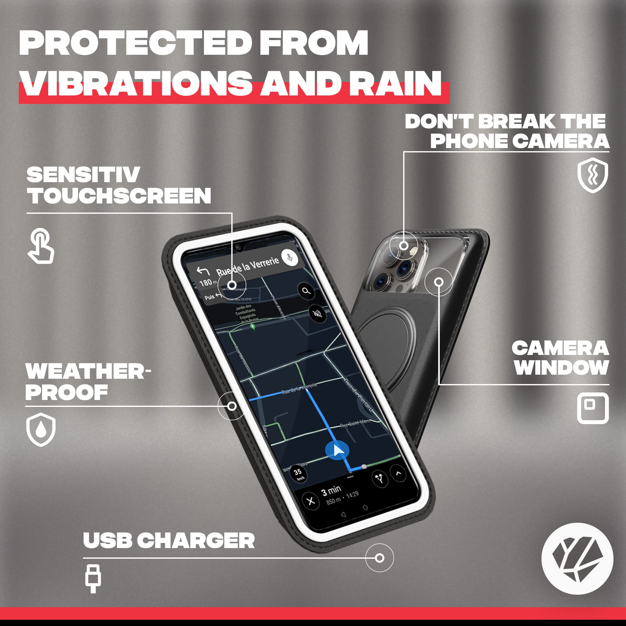 Shapeheart Support téléphone vélo magnétique Pro avec Pochette détachable étanche. Porte téléphone vélo & Plaque métallique, Anti-reflet, Adaptateur Universel Extra-Fin pour Support