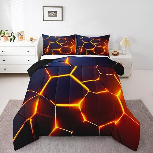 Juego de ropa de cama con estampado de panal de abeja, juego de edredón con patrón hexagonal de fuego rojo y negro para niños, niñas, adolescentes,
