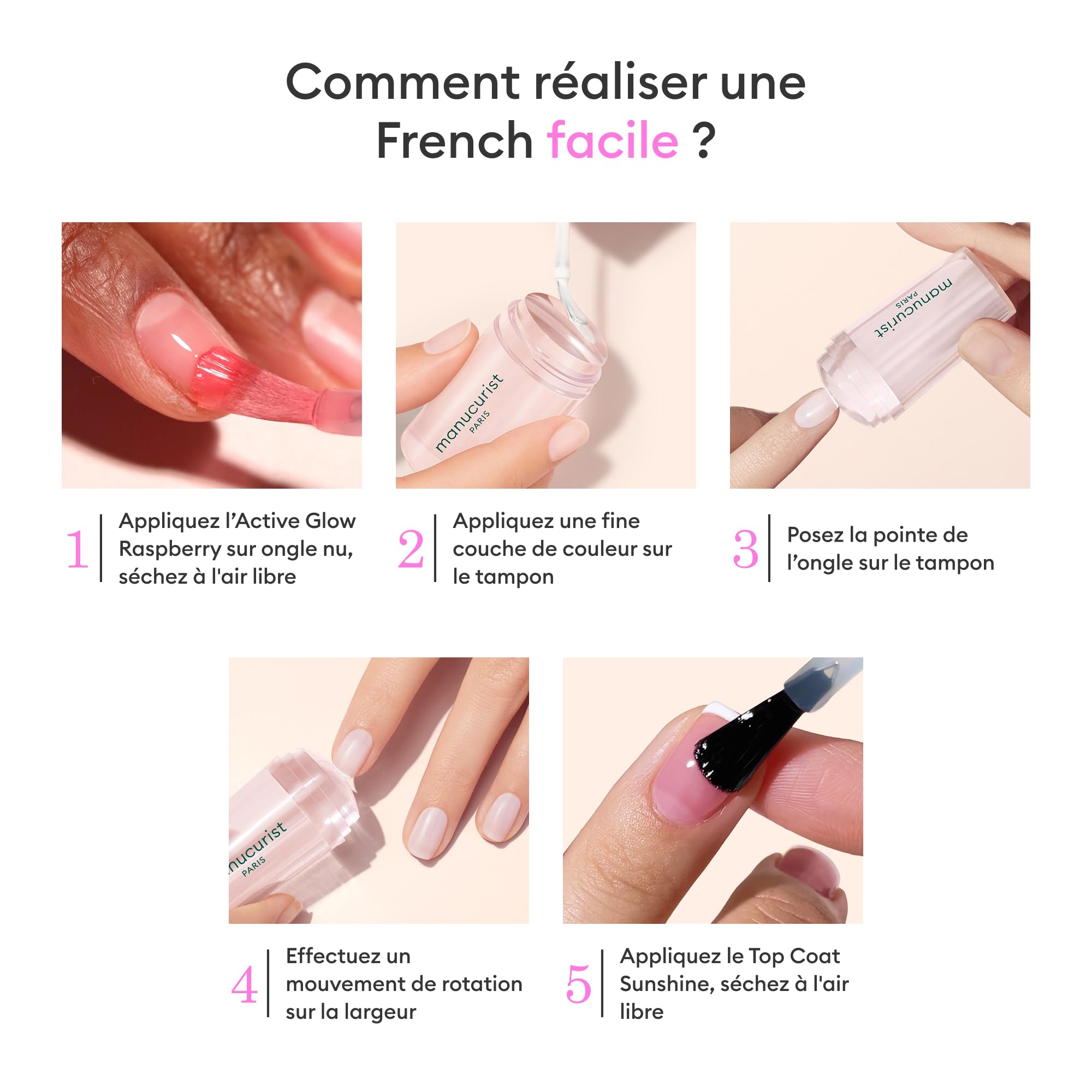 Kit French Manucure par Manucurist - Active™ Glow Raspberry, Vernis à Ongles Green™ Crème, Tampon French Manucure Mani Stamper, Top Coat Effet Gel Sunshine - Vernis à Ongles Soin
