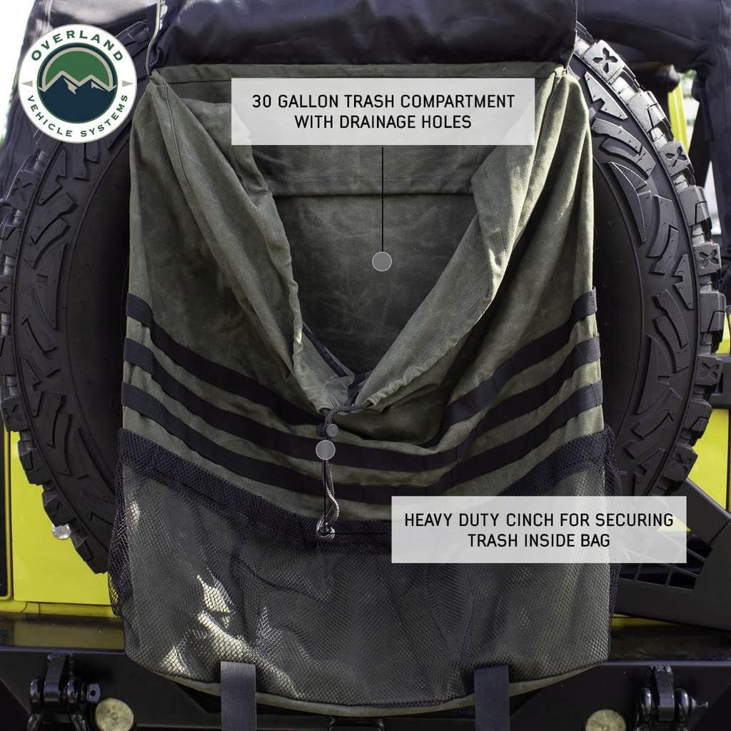 Overland Vehicle Systems Extra Large Trash Bag Tire Mount - #16 Waxed Canvas Universal - Infused with Paraffin Wax Waterproofing - Large Drainage Holes - 30 Gallon Trash Bag Capacity