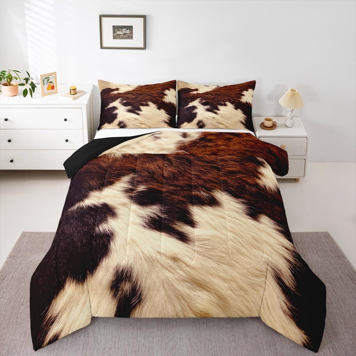 Erosebridal Cowhide Comforter Set Queen Size Brown Beige White Cow Print Down Comforter for Kids Boys Teens Room Decor, Farm Animal Fur Bedding Set Cow Fur Quilt Set with 2 Pillowcases