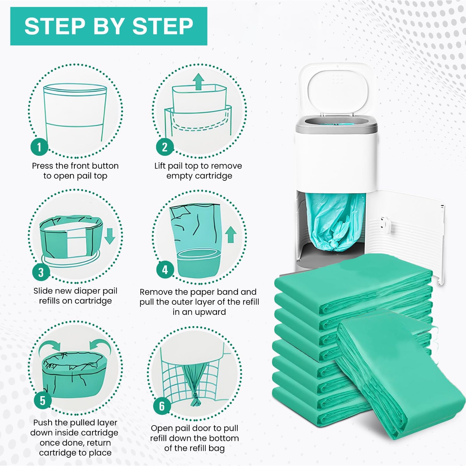 Recambios compatibles con cubos de pañales clásicos DEKOR, paquete de 8 unidades más 1 bolsa de repuesto exclusiva de 30% de grosor extra con potente aroma a polvo fresco para eliminar olores