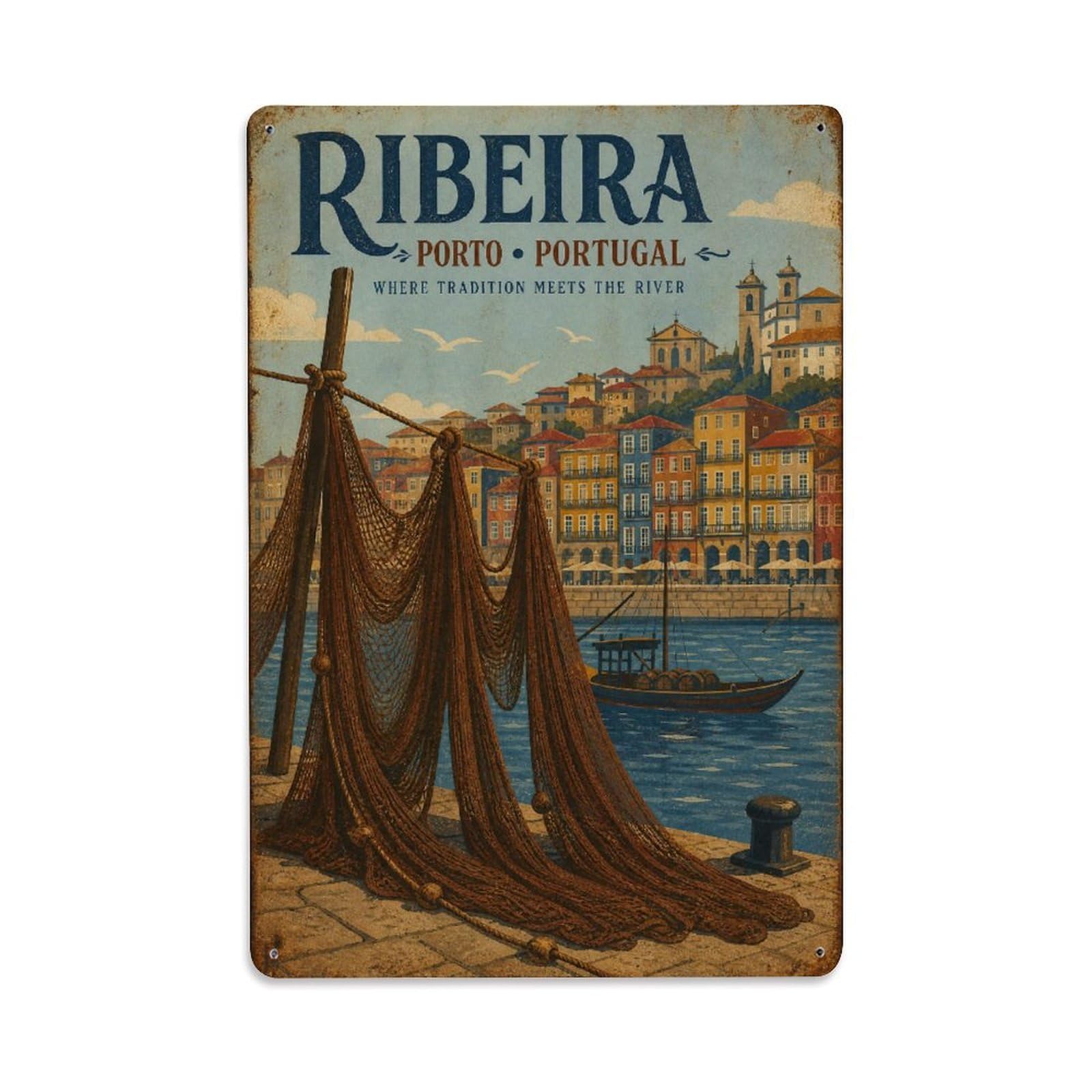 Huiyhb 8X12inch(20X30cm) Vintage Travel Ribeira Fishing Nets Drying Traditional Portugal Metal Tin Sign