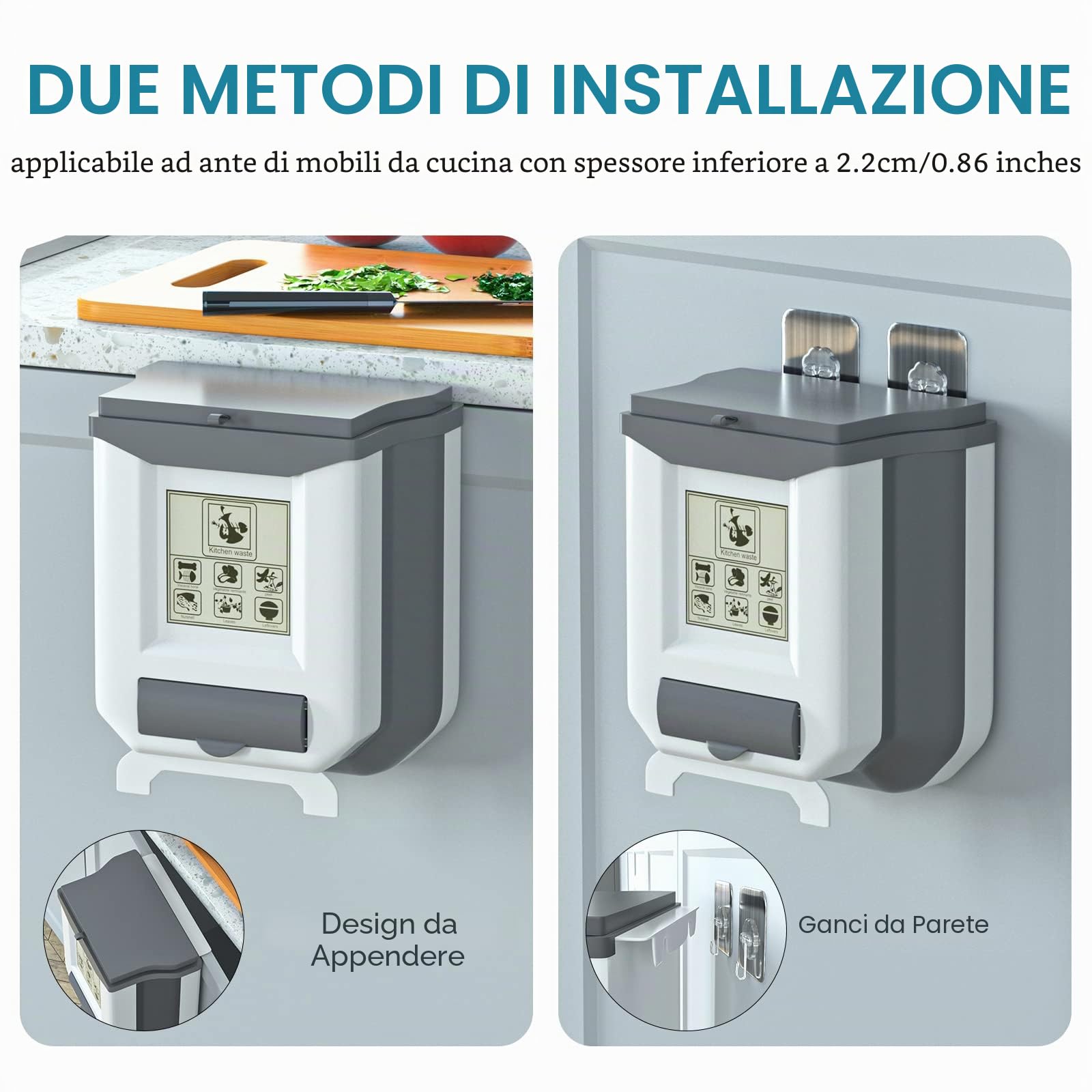 Gintan - Pattumiera pieghevole sospesa con coperchio, circa 9 l di capacità, per cucina, campeggio, auto, bagno, ufficio, camera da letto (grigio)