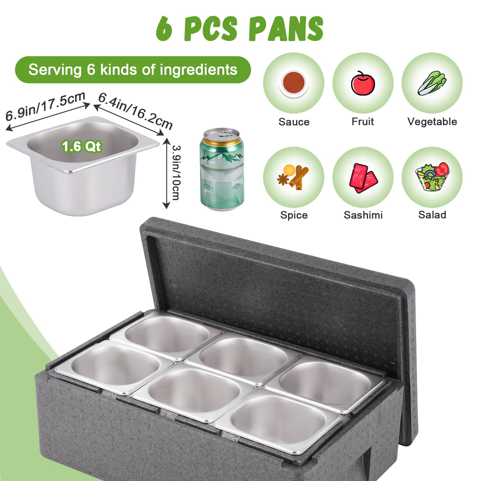 Bandeja para servir hielo para bufé de alimentos fríos, 6 tapas, 6 sartenes, 2 paquetes de hielo, contenedor de condimentos refrigerados, caja aislante, bandeja de fiesta de hielo, enfriador