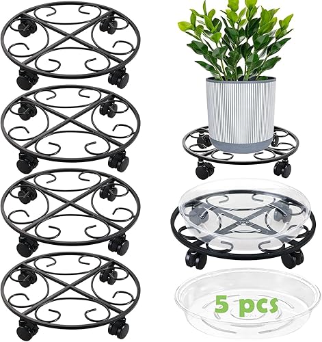Carrito de plantas de metal de 12 pulgadas con ruedas, 5 paquetes de soportes rodantes para plantas de interior, rodillos para plantas de interior,