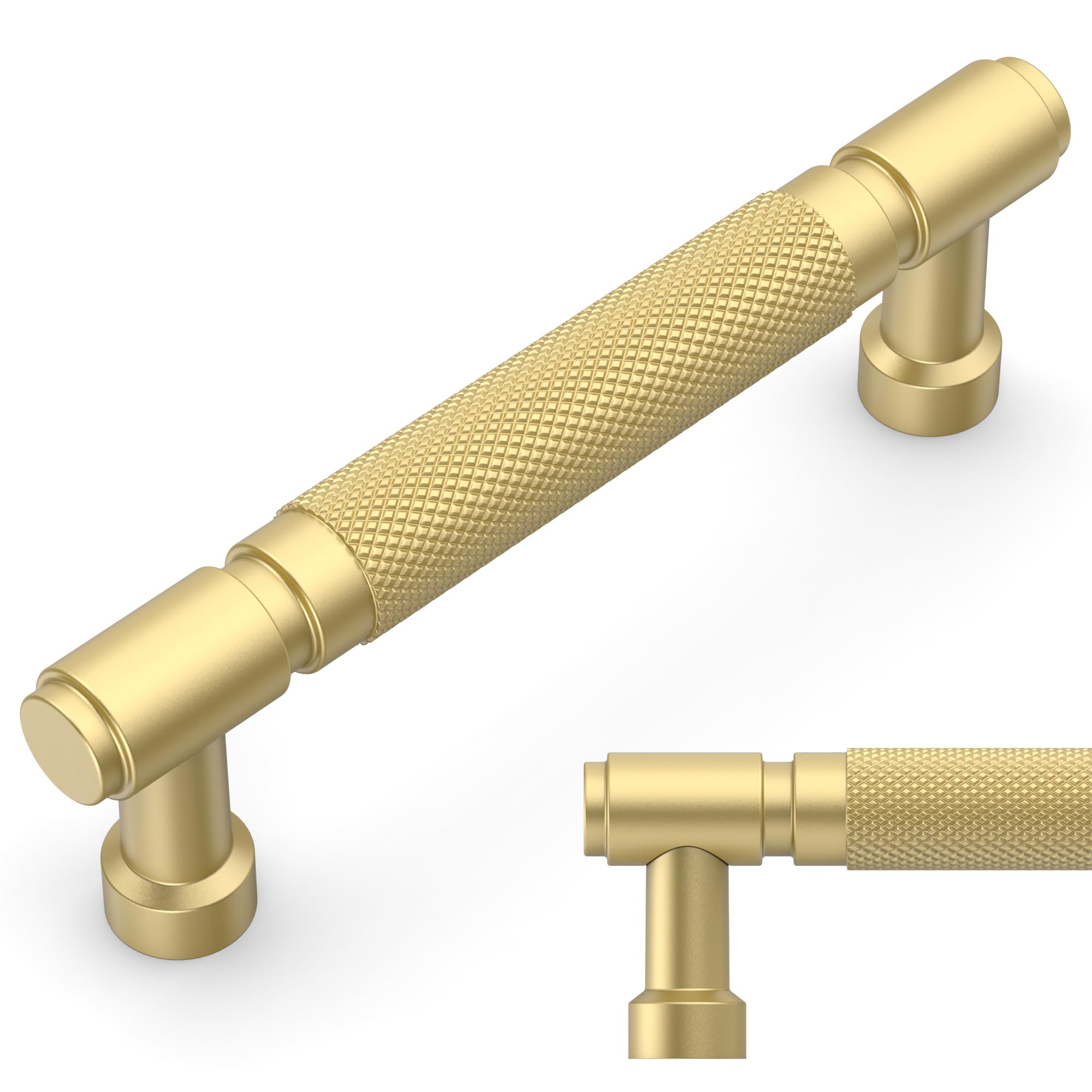 Amerdeco 10 Pack Brushed Gold knurled Cabinet Pulls 3.75 Inch(96mm) Hole Center Drawer Pulls Cabinet Hardware Kitchen Cabinet Handles for Bathroom