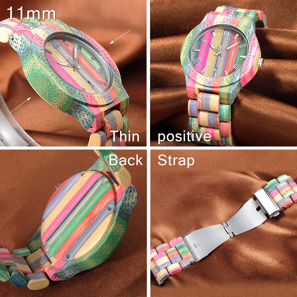 Unendlich U Mężczyźni Kobiety Kolor Bambusowe Drewno Zegarki Para Zegarki Minimalistyczny Moda Kwarcowy Zegarek Rainbow Band, Multi-Male, Bransoletka