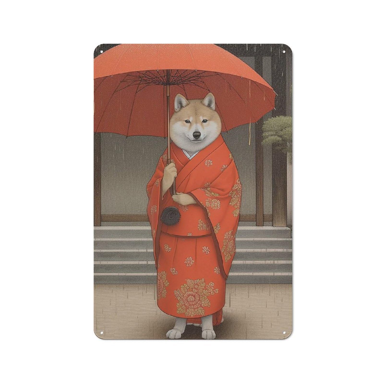 30x20cm Rustic Metal Wall Sign with Shiba Inu Geisha for Café Or Home Bar, A Housewarming Gift for Café-style Decor Fans