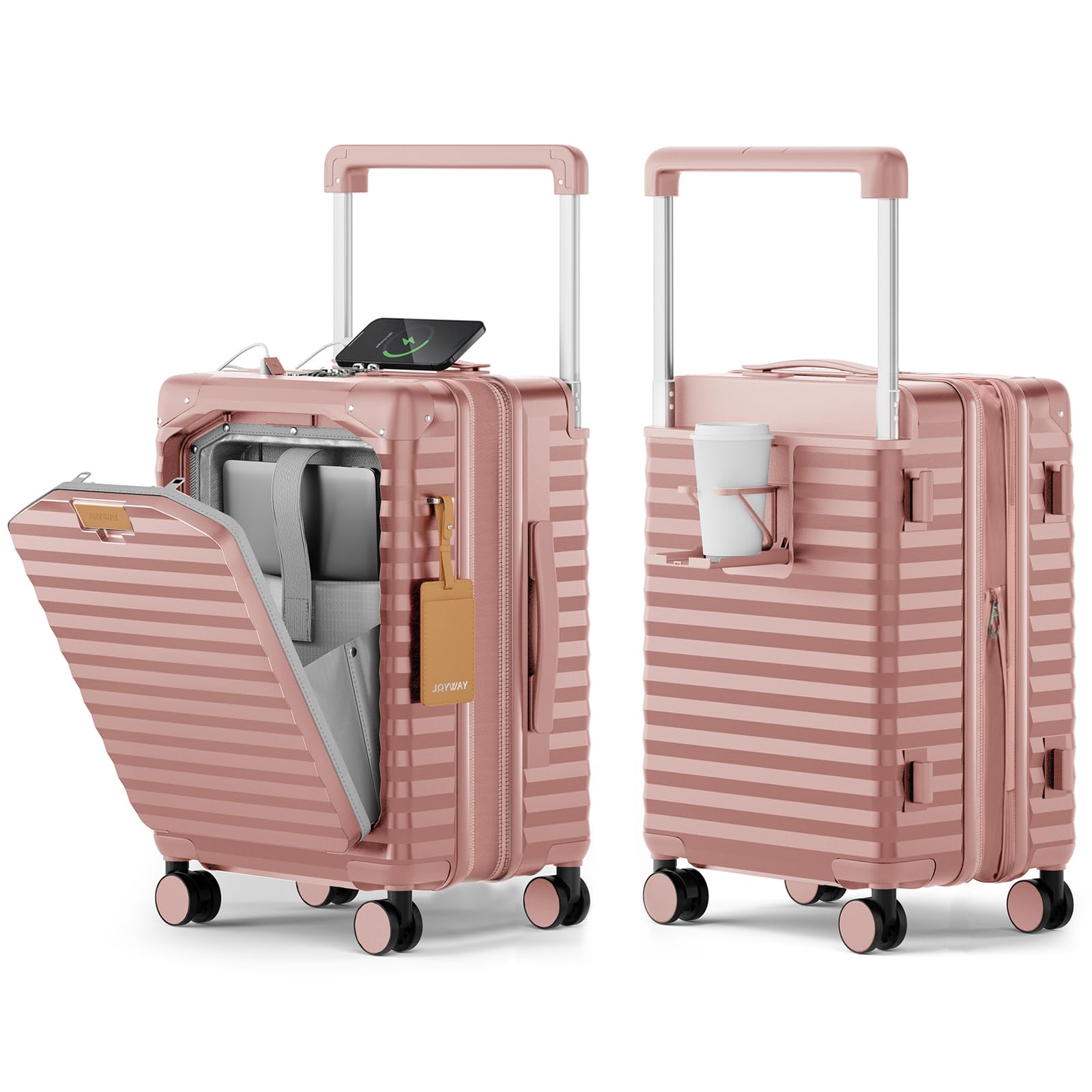 Joyway Expandable 20 Inch Carry on Luggage with Front Pocket, Rosa Gold