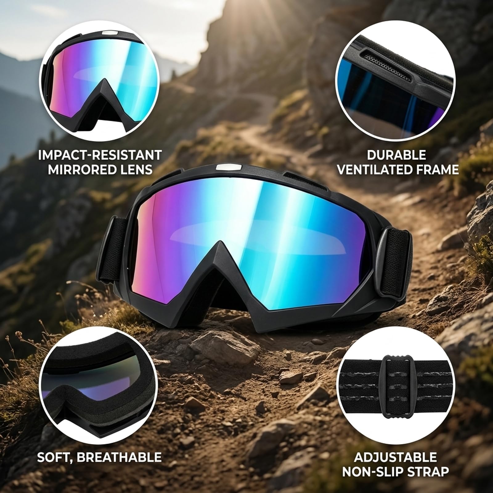 2 Stück Motocross Brille Set, MTB Brille mit weißem und schwarzem Rahmen, Crossbrille für Motorradfahrer und Mountainbiker, Motorradbrille für Brillenträger, Kompatibel mit Cross Helm und Vollvisier