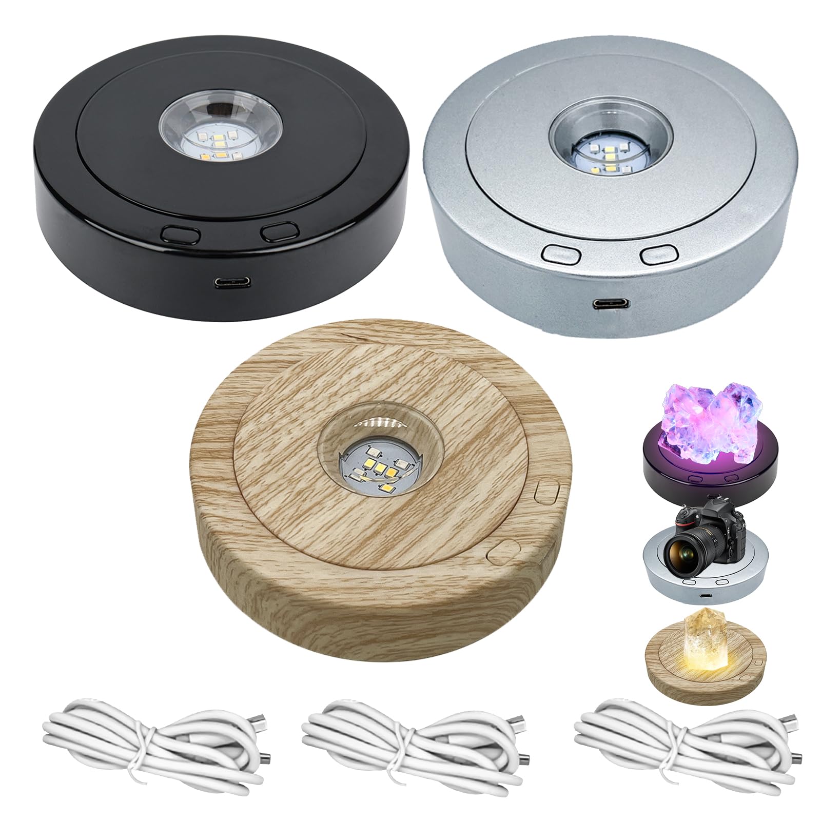 QENETY Rotating LED Display Stand, Colorful White Light Rotating USB Display Base, LED Light Base with 4 Revolving & 8 Light Modes, for Crystals Glass Art (3PCS)