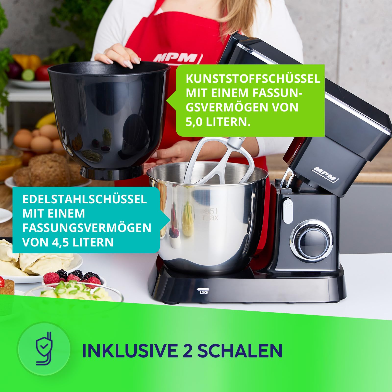 MPM Planetarische Küchenmaschine MRK-24 - Multifunktional Mixer Küche 4,5l - Küchengeräte Vielseitig Einsetzbar 1400W - Zwei Schüsseln - Drei Austauschbare Rührbesen