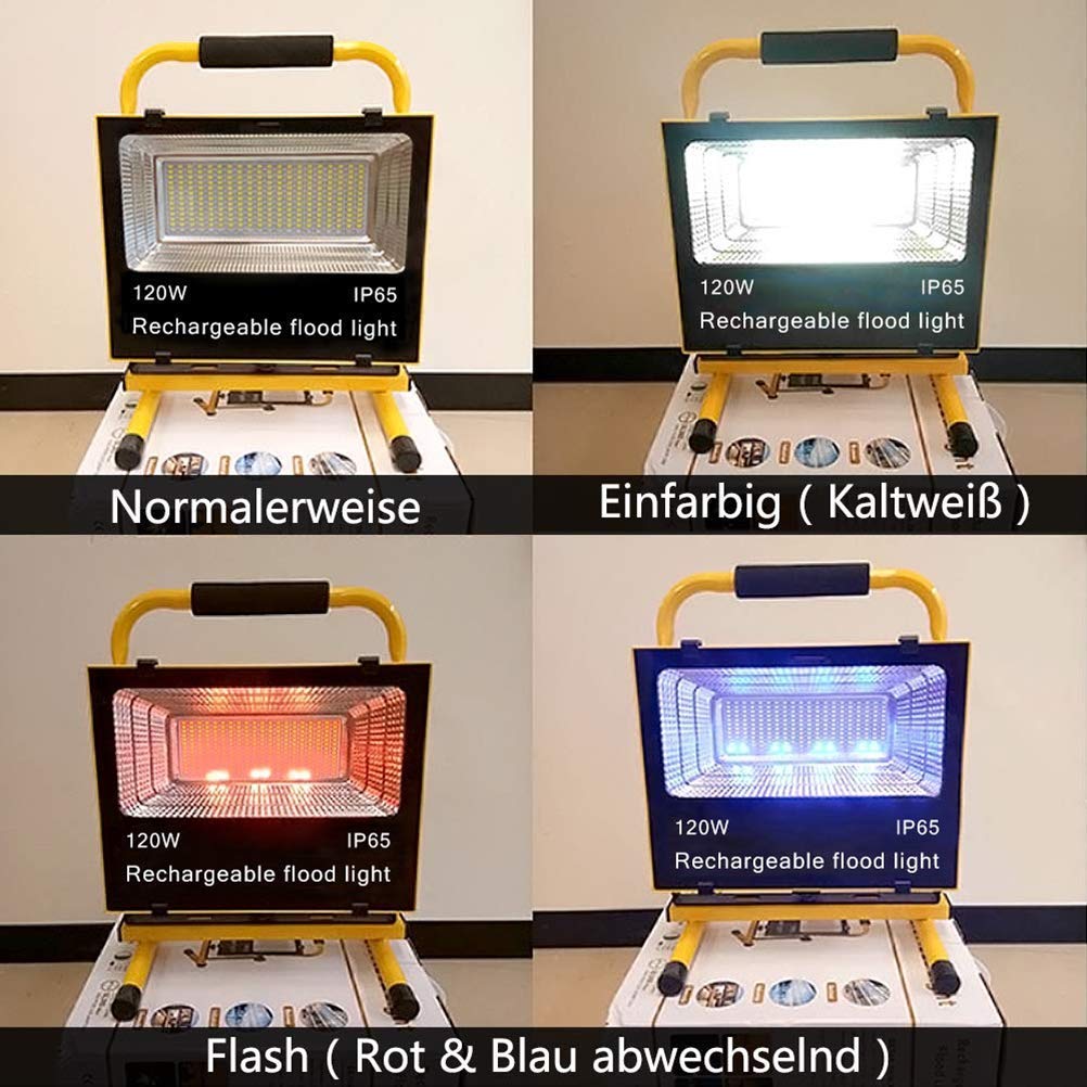 Przenośna lampa robocza LED 120 W, bezprzewodowe reflektory akumulatorowe, wodoodporne zewnętrzne światła robocze IP65 ze stojakiem, wbudowana bateria 17600 mAh, reflektory punktowe do garażu