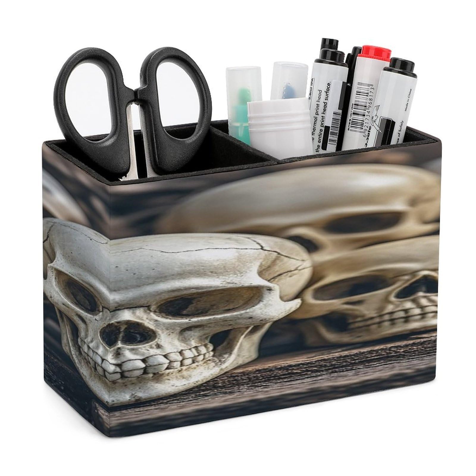 LZQPOEAS Skulls Leather Pen Holder with 2 Compartments Luxury Pencil Holder Minimalist Pencil Cup Brush Scissor Holders Elegant Pen Cup for Office Home Desk Accessories
