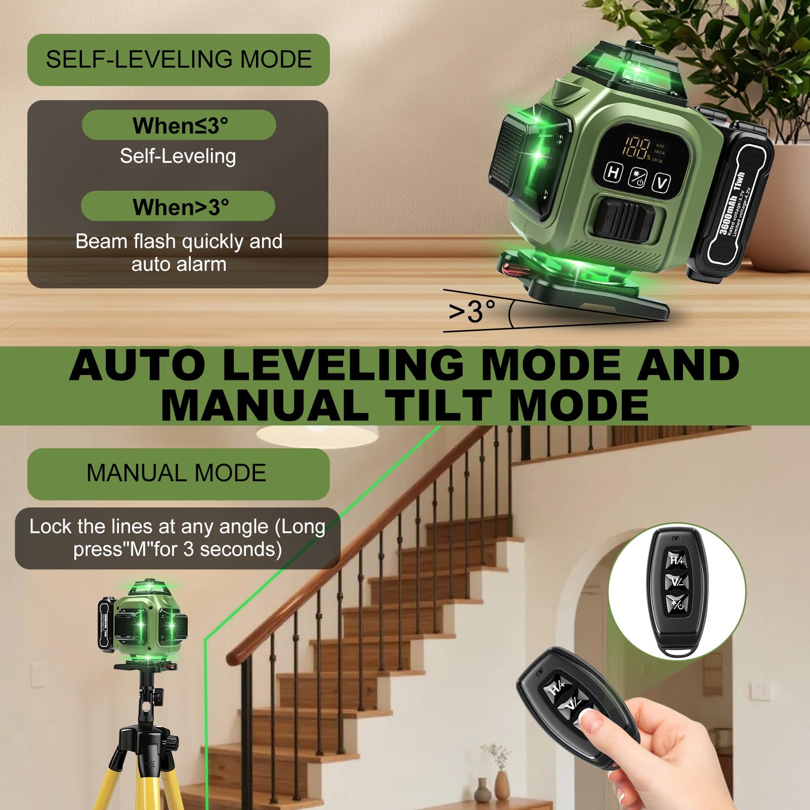 Livella Laser Autolivellante Con Treppiede, 4 x 360° 16 Linee Digitale Verde Livello Laser A Linee Incrociate Con 3 x 3600mah Batterie/Display LED/APP/Telecomando/IP54 Impermeabile Per Costruzione