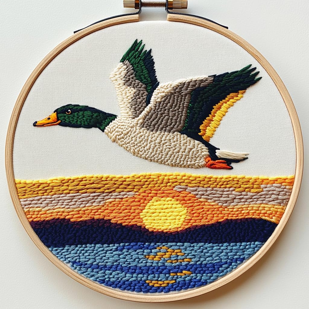 DIY Punch Needle Kits Flying Mallard Under Sunset with Hoop 20x20cm