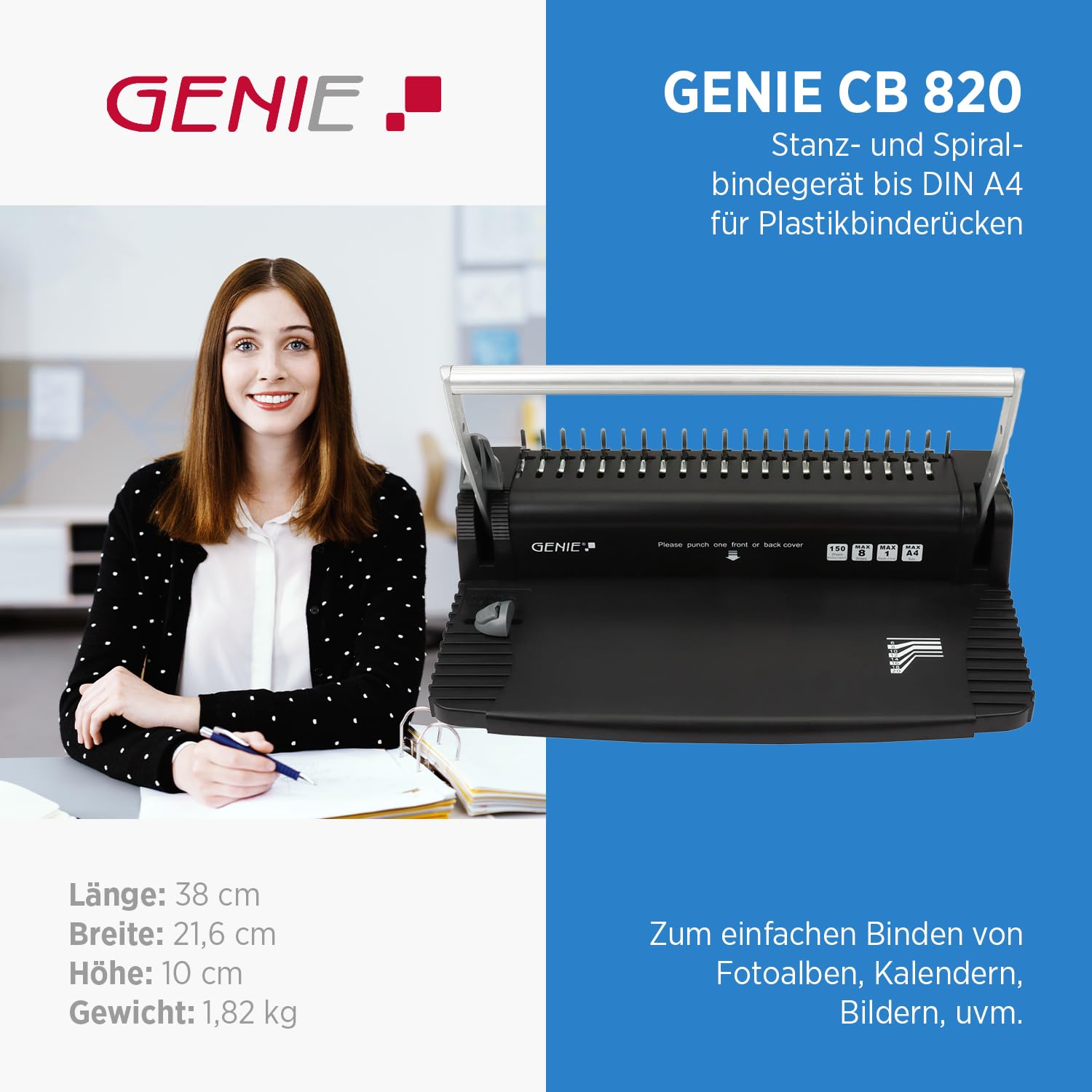 GENIE CB 820 Spiralbindegerät 38cm inkl. 20 Binderücken| Bindegerät Spiralbindung bis 150 Blatt | Bindemaschine mit Stanzfunktion für 8 Blätter | Spiralbinder für Schule, Büro & Zuhause